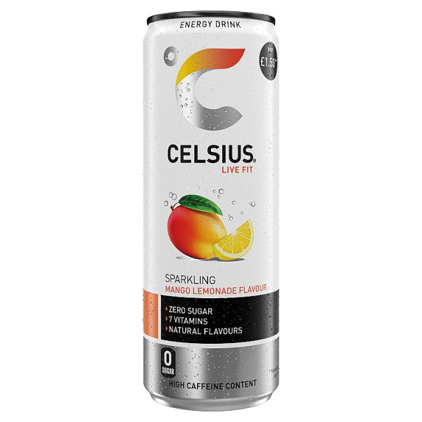 Celsius Energy Drink, Sparkling Mango Lemonade 355ml PMP £1.50 ( UK )